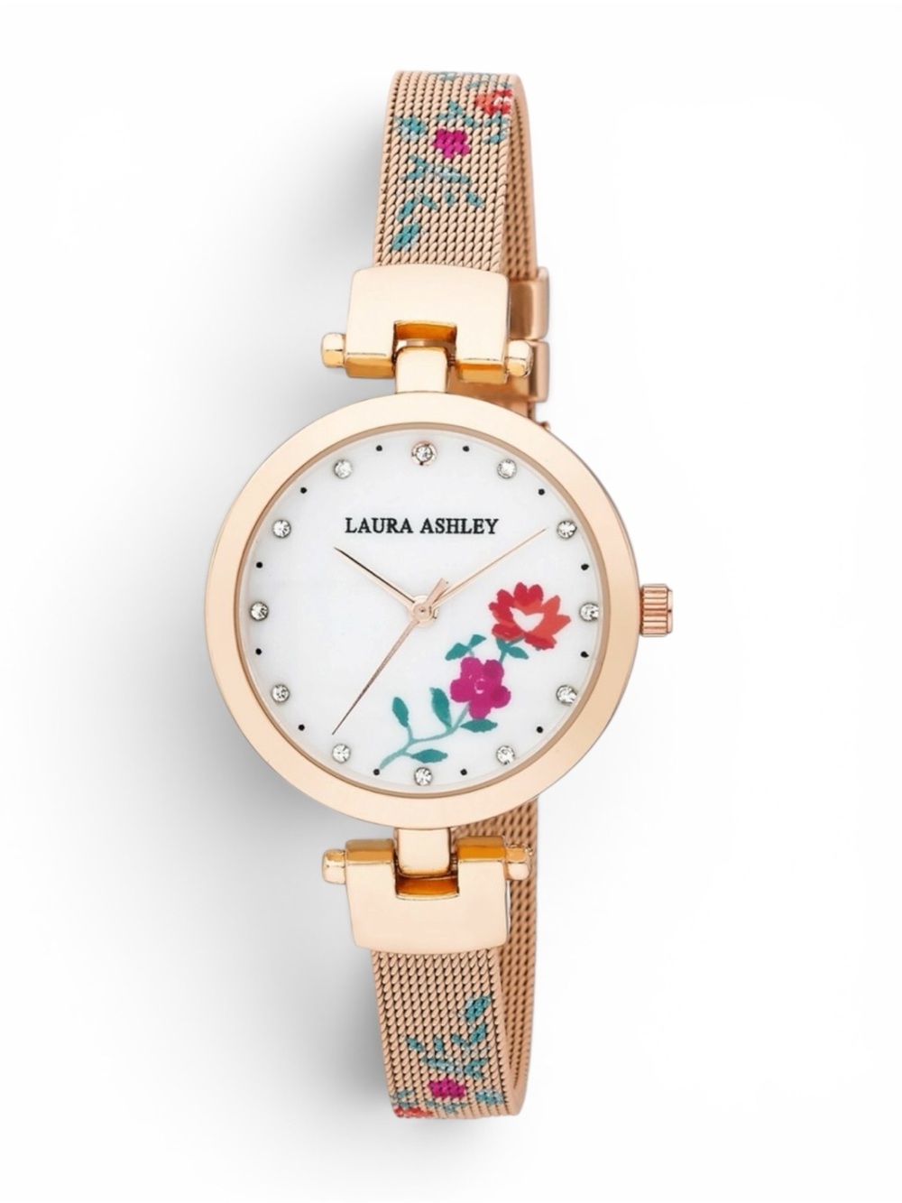 Laura Ashley NEW Mesh Rose Gold Floral Round Face Bracelet Watch NIB